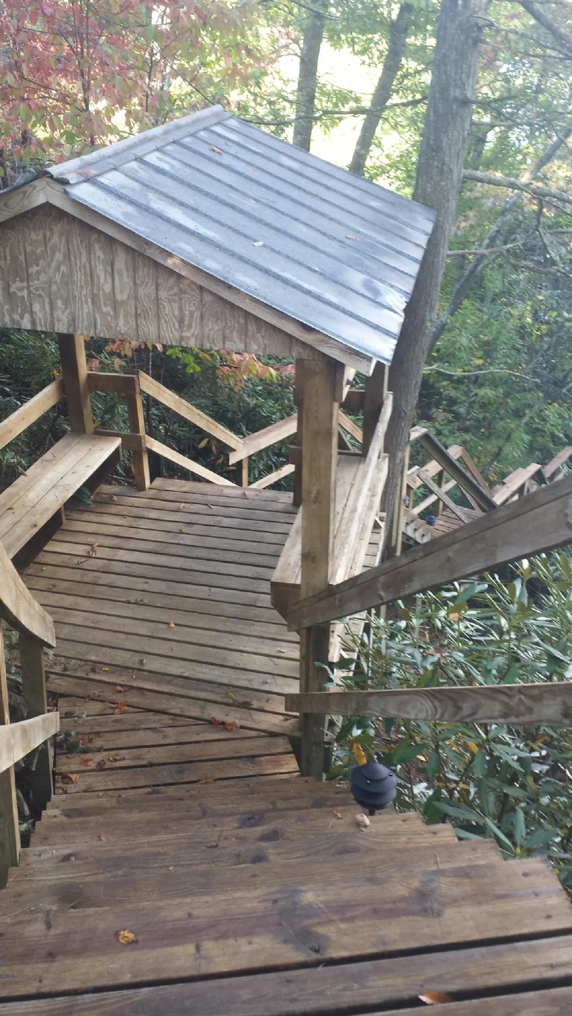 Metal roofed shelter over wooden steps on a wooded walkway — Skylight Repair & Installation work by our crew in Hewitt